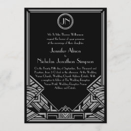 Black Silver Art Deco Gatsby Style Wedding Invites Kaart