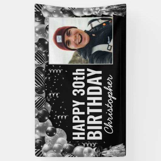 Black Silver Balloon Confetti Happy Birthday Spandoek (Verticaal)