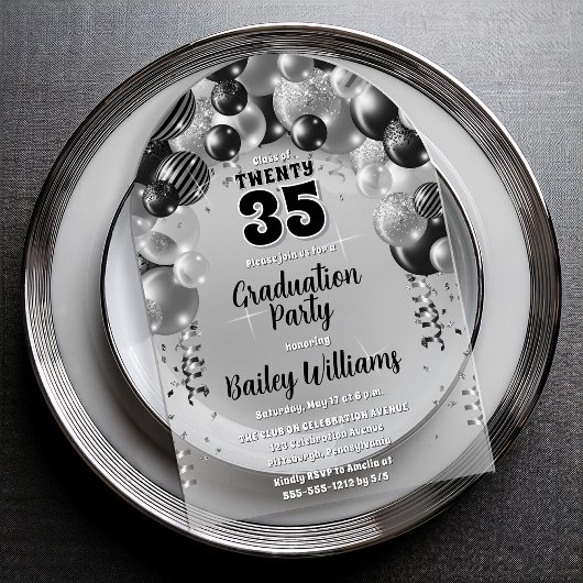 Black Silver Balloons Afstudeerfeest Acryl Uitnodigingen