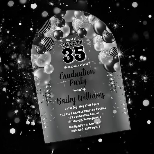 Black Silver Balloons Afstudeerfeest Acryl Uitnodigingen
