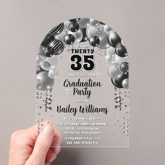 Black Silver Balloons Afstudeerfeest Acryl Uitnodigingen (Insitu (Draagbaar))