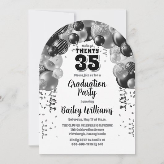 Black Silver Balloons Afstudeerfeest Kaart (Voorkant)