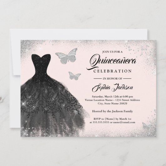Black Silver Blush Dress Butterfly Quinceanera Kaart (Voorkant)
