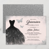 Black Silver Blush Dress Butterfly Quinceanera Kaart (Voorkant / Achterkant)