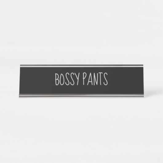 Black Silver 'Bossy Pants' Funny Pun Bureau Naambordje (Voorkant)