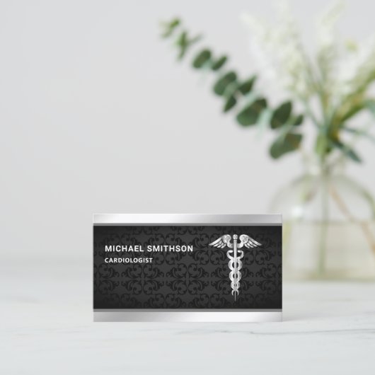 Black Silver Caduceus Symbool Medical Professional Visitekaartje (Staand voorkant)