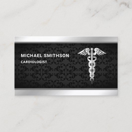 Black Silver Caduceus Symbool Medical Professional Visitekaartje (Voorkant)