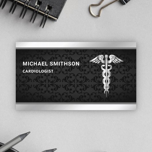 Black Silver Caduceus Symbool Medical Professional Visitekaartje