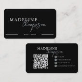 Black Silver Calligraphy Script QR-code Visitekaartje (Voorkant / Achterkant)
