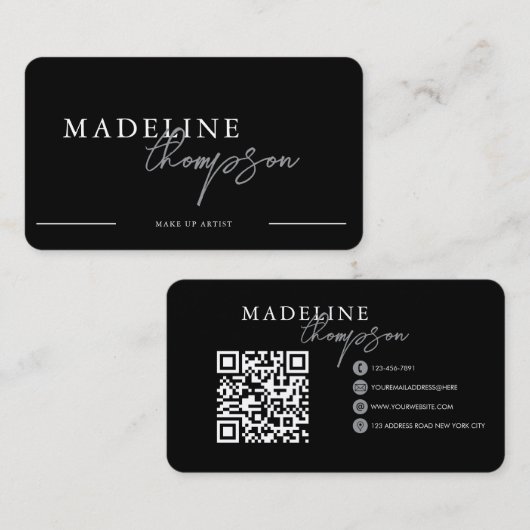 Black Silver Calligraphy Script QR-code Visitekaartje (Voorkant / Achterkant)