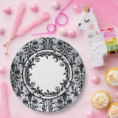 Black Silver Chic Damask Floral Swirls personalise Papieren Bordje (Feest)