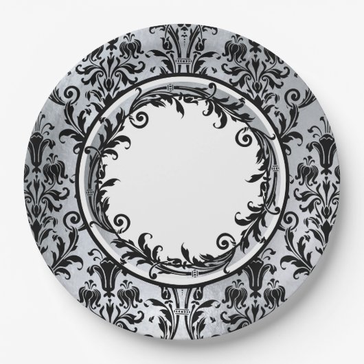 Black Silver Chic Damask Floral Swirls personalise Papieren Bordje (Voorkant)