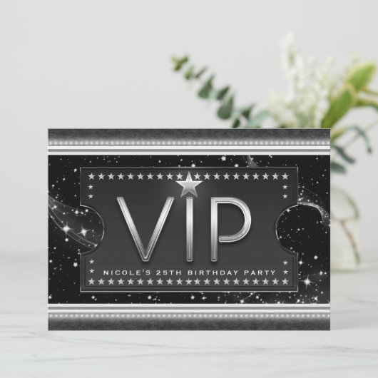 Black & Silver Chic Glam VIP Ticket Invitation Kaart (Staand voorkant)
