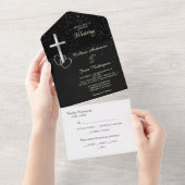 Black Silver Christelijk Cross Photo Wedding All In One Uitnodiging (Afscheurbaar)