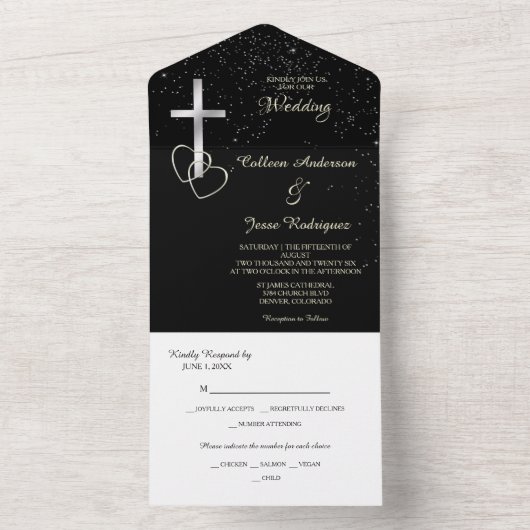 Black Silver Christelijk Cross Photo Wedding All In One Uitnodiging (Binnen)