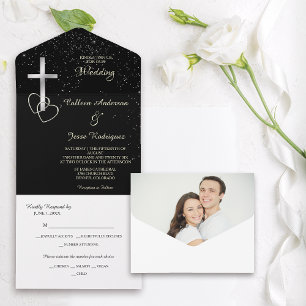 Black Silver Christelijk Cross Photo Wedding All In One Uitnodiging