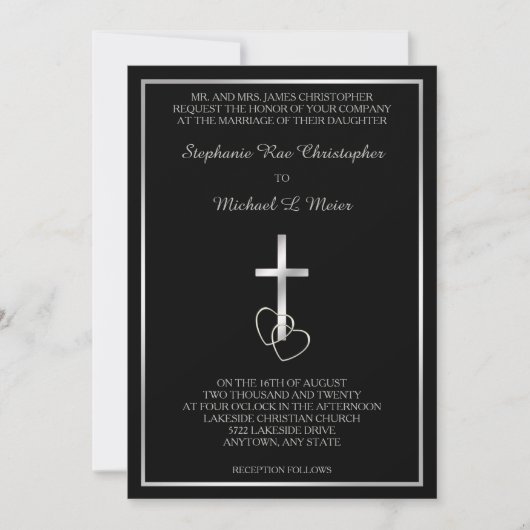 Black Silver Christelijk Cross Wedding Invitation Kaart (Voorkant)