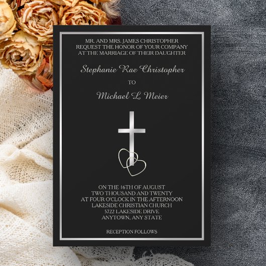Black Silver Christelijk Cross Wedding Invitation Kaart