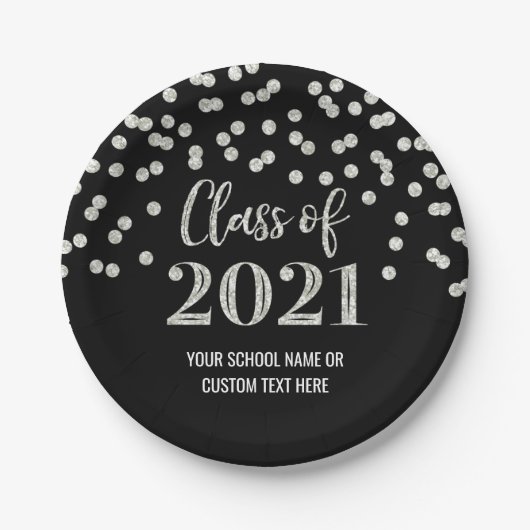 Black Silver Confetti Afstuderen 2021 Papieren Bordje (Voorkant)