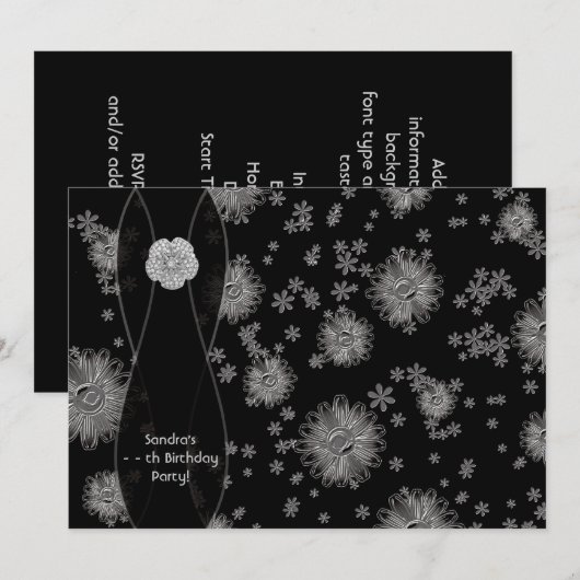 Black Silver Daisy verjaardagsfeestje uitnodiging (Voorkant / Achterkant)