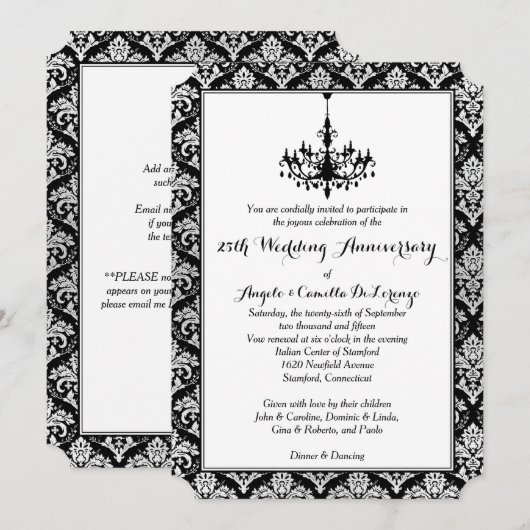 Black, Silver Damask, Chandelier 25th Jubileum Kaart (Voorkant / Achterkant)