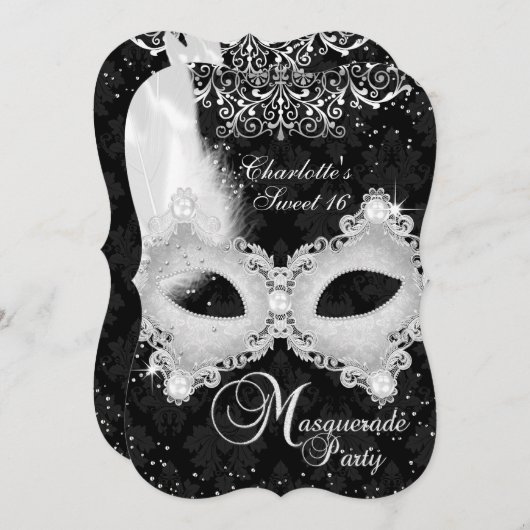 Black Silver Damask Masquerade Sweet 16 Kaart (Voorkant / Achterkant)