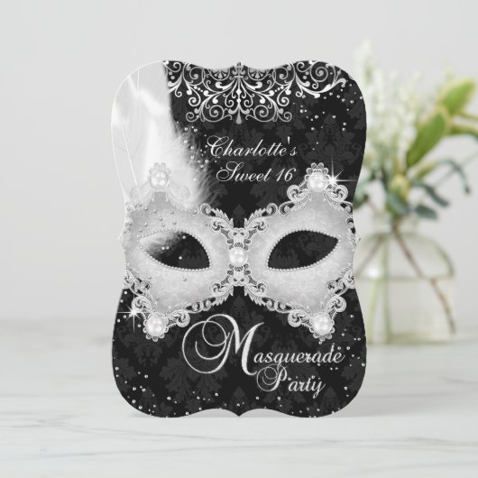 Black Silver Damask Masquerade Sweet 16 Kaart (Staand voorkant)