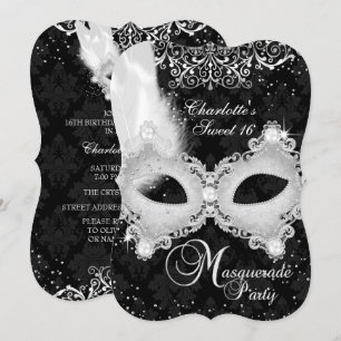 Black Silver Damask Masquerade Sweet 16 Kaart