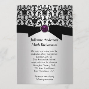 Black Silver Damask Paarse Jewel Wedding Invitatio Kaart