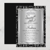Black Silver Damask & Tiara Sweet 16 Uitnodiging (Voorkant / Achterkant)