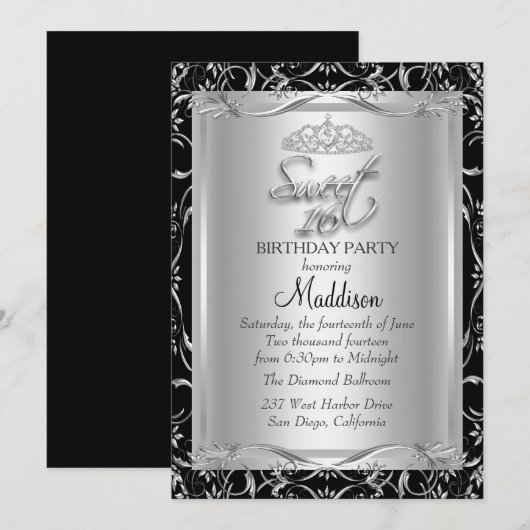 Black Silver Damask & Tiara Sweet 16 Uitnodiging (Voorkant / Achterkant)