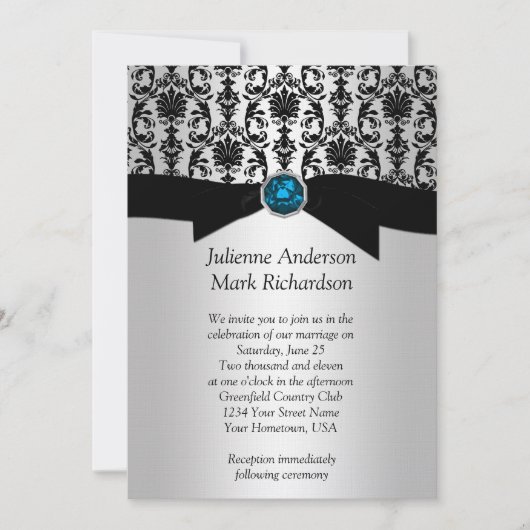 Black Silver Damask Turquoise Wedding Invitatio Kaart (Voorkant)