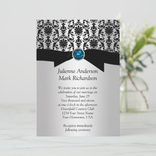 Black Silver Damask Turquoise Wedding Invitatio Kaart (Staand voorkant)