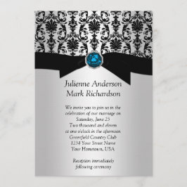 Black Silver Damask Turquoise Wedding Invitatio Kaart