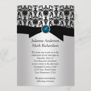 Black Silver Damask Turquoise Wedding Invitatio Kaart