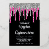 Black Silver Deep Pink Glitter Drift Quinceañera Folie Uitnodiging (Voorkant)