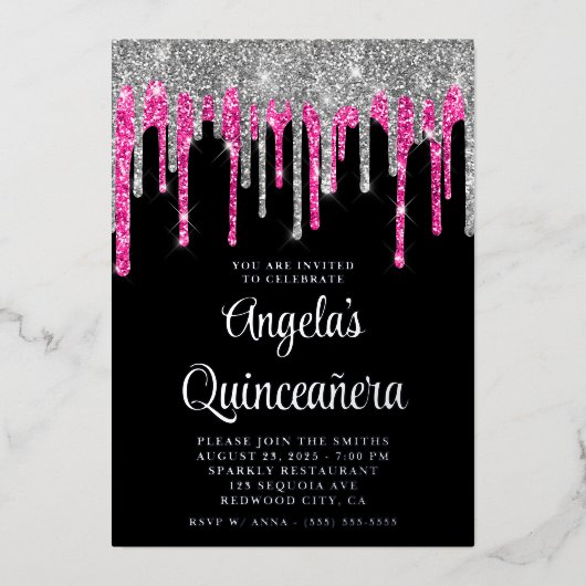 Black Silver Deep Pink Glitter Drift Quinceañera Folie Uitnodiging (Voorkant)