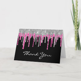 Black Silver Deep Pink Glitter Drip Quinceañera Bedankkaart