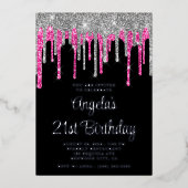 Black Silver Deep Pink Glitter Drips 21st verjaard Folie Uitnodiging (Voorkant)