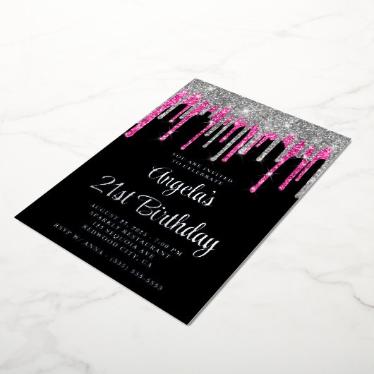 Black Silver Deep Pink Glitter Drips 21st verjaard Folie Uitnodiging (Gedraaid)