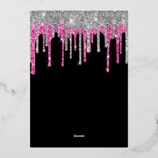 Black Silver Deep Pink Glitter Drips 40e verjaarda Folie Uitnodiging (Achterkant)