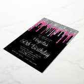 Black Silver Deep Pink Glitter Drips 50e verjaarda Folie Uitnodiging (Gedraaid)