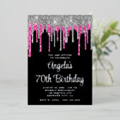 Black Silver Deep Pink Glitter Drips 70e verjaarda Folie Uitnodiging (Staand Voorkant)