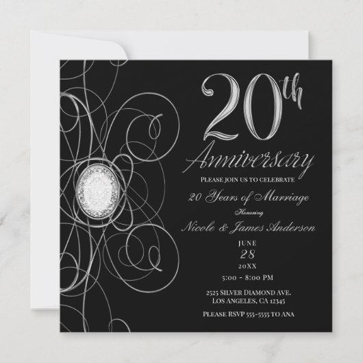Black & Silver Diamond 20 20ste Jubileumfeest Kaart (Voorkant)
