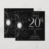 Black & Silver Diamond 20 20ste Verjaardagsfeest Kaart (Voorkant / Achterkant)