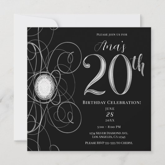 Black & Silver Diamond 20 20ste Verjaardagsfeest Kaart (Voorkant)