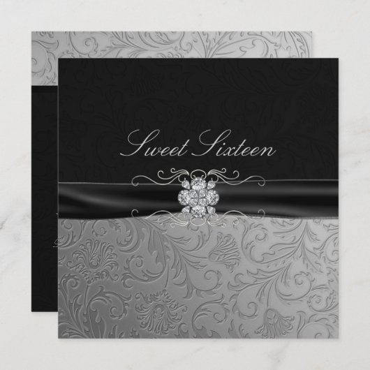 Black & Silver Diamond Sweet16 invite Kaart (Voorkant / Achterkant)
