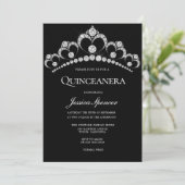 Black & Silver Diamond Tiara Quinceanera Party Kaart (Staand voorkant)