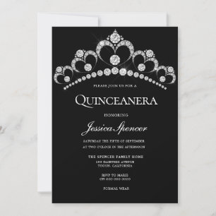 Black & Silver Diamond Tiara Quinceanera Party Kaart
