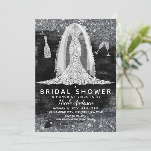 Black Silver Diamond trouwjurk Vrijgezellenfeest Kaart (Staand voorkant)